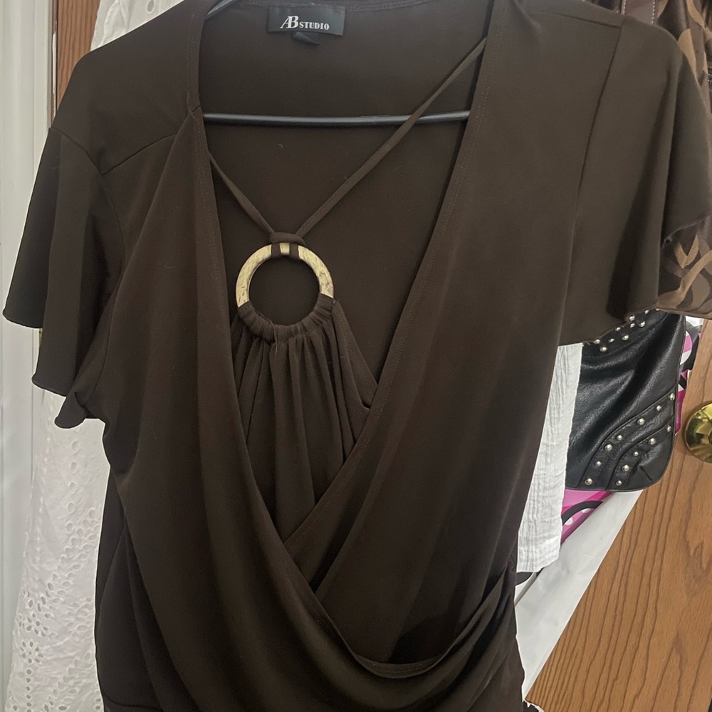 AB Studio Dark Brown Surplice Top with Ring Accent